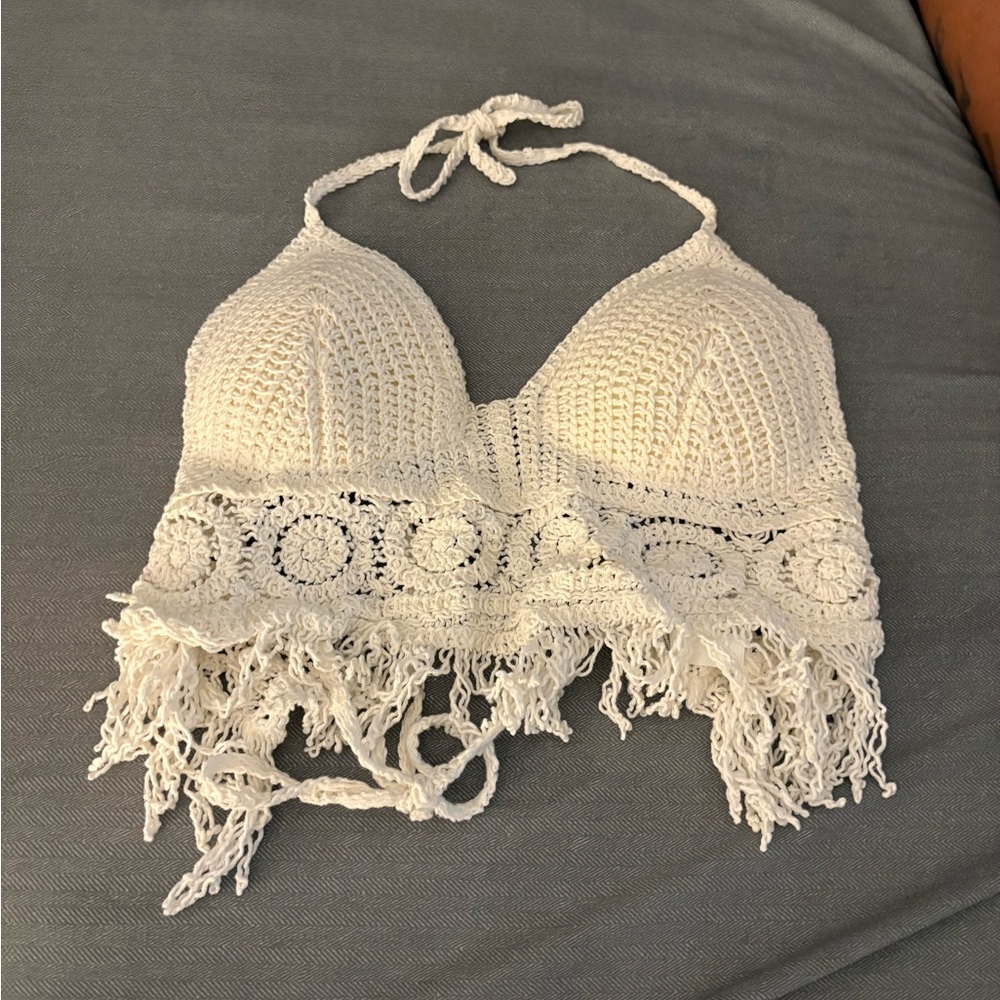 SHEIN White Crochet Fringe Crop Top